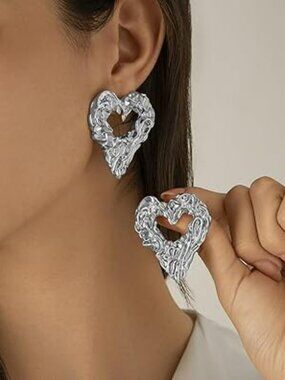 NEW Chunky Love Heart Stud Statement Earrings Silver Liquid Heart Dangle